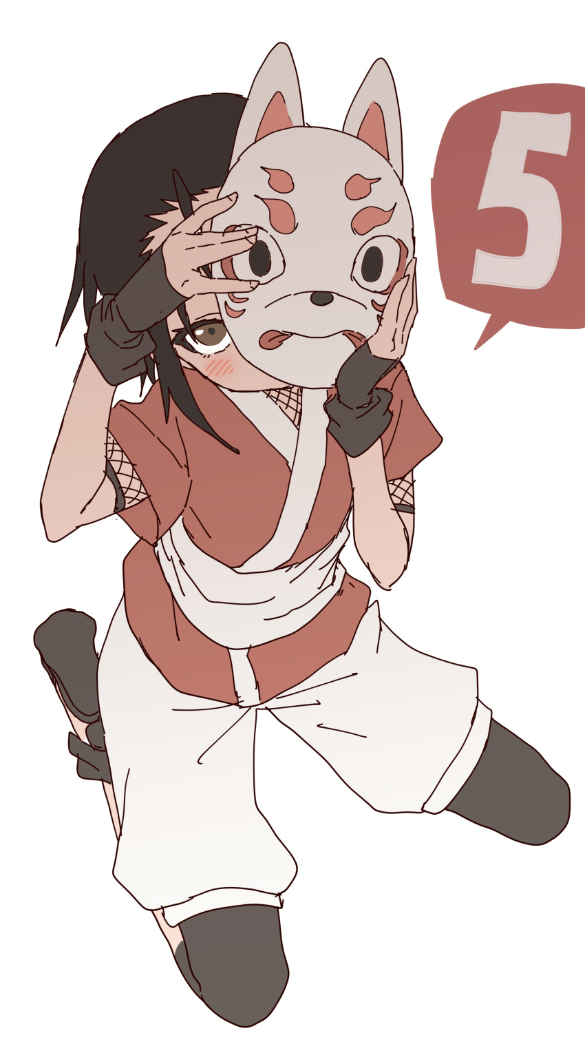 1girl absurdres arm_up black_footwear black_gloves black_hair black_legwear blush brown_eyes commentary_request fingerless_gloves fishnets fox_mask full_body gloves hand_up highres holding holding_mask japanese_clothes kimono kunoichi_tsubaki_no_mune_no_uchi legs looking_at_viewer mask official_art puffy_shorts red_kimono rindou_(kunoichi_tsubaki_no_mune_no_uchi) seiza shoe_soles short_sleeves shorts simple_background sitting solo white_background white_shorts yamamoto_souichirou