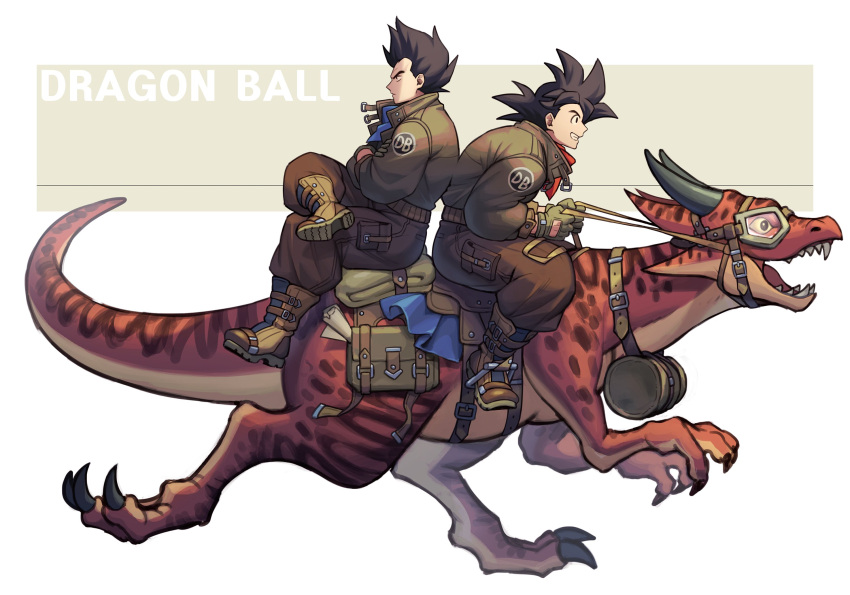 2boys bangs black_hair boots brown_gloves brown_jacket brown_pants copyright_name crossed_arms crossed_legs dinosaur dinosaur_riding dragon_ball dragon_ball_super gloves highres holding holding_reins jacket male_focus minor_(minor2730) multiple_boys pants reins riding short_hair smile son_goku spiked_hair teeth vegeta