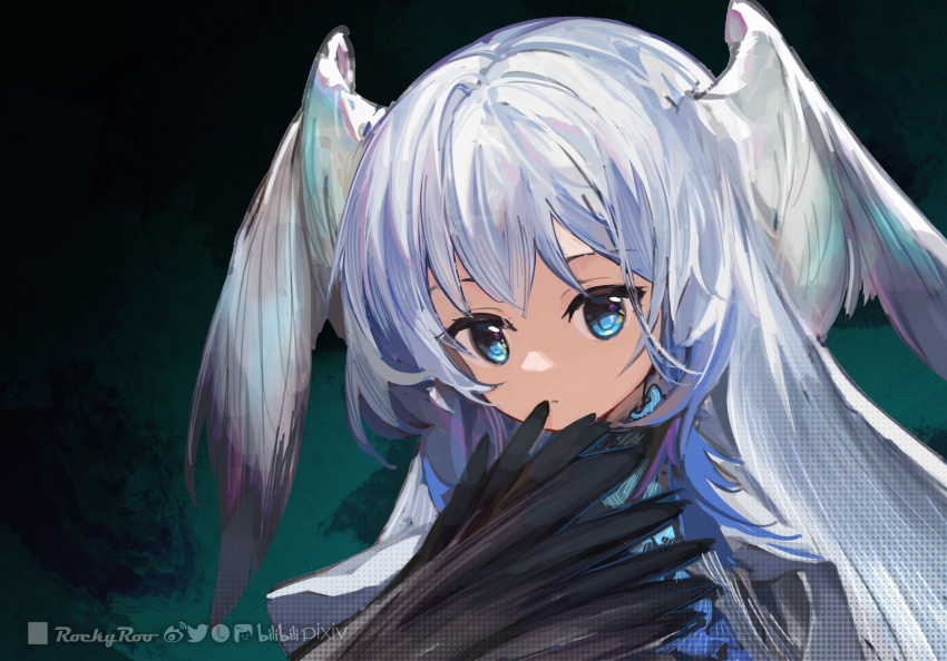 1girl artist_name bangs black_wings blue_hair closed_mouth eyebrows_visible_through_hair feathered_wings gradient gradient_background green_background head_wings highres long_hair looking_at_viewer original portrait rockyroo solo white_wings wings