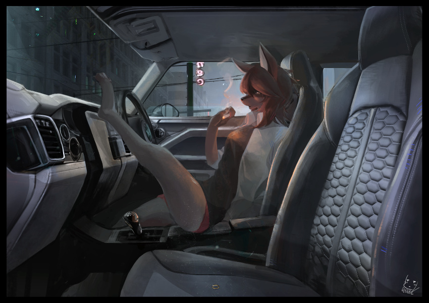 2021 absurd_res anthro ayabemiso barefoot black_clothing black_shirt black_topwear breasts brown_body brown_fur brown_hair building canid cigarette clothing detailed_background feet female fur hair hi_res holding_cigarette holding_object in_car jacket mammal open_mouth ring seat shirt side_view solo topwear wheel white_clothing white_jacket white_topwear