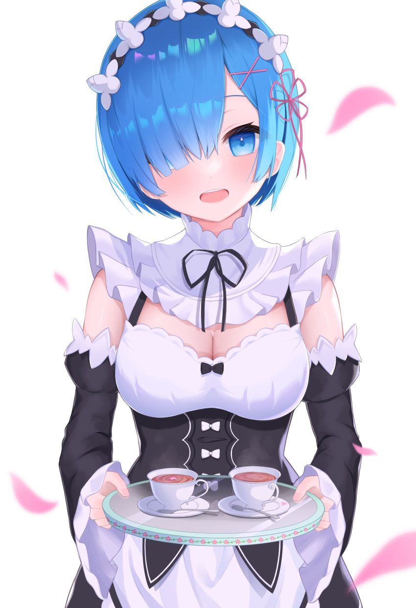 1girl :d absurdres apron black_bow black_ribbon black_sleeves blue_eyes blue_hair bow breasts cherry_blossoms cleavage detached_collar detached_sleeves flower hair_flower hair_ornament head_wreath highres holding holding_plate honyuuruinomoto long_sleeves looking_at_viewer medium_breasts neck_ribbon open_mouth plate re:zero_kara_hajimeru_isekai_seikatsu rem_(re:zero) ribbon roswaal_mansion_maid_uniform shiny shiny_hair short_hair smile solo standing underbust waist_apron white_apron white_background white_bow white_flower