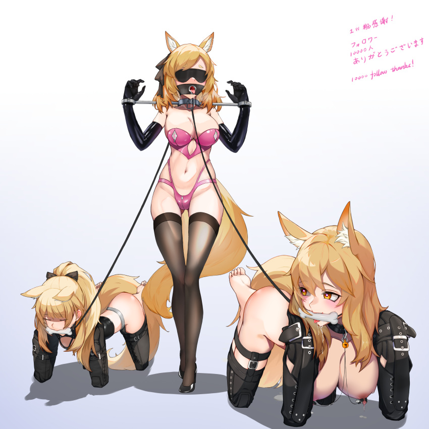 3girls absurdres animal_ears areolae arknights bangs bdsm bitchsuit blemishine_(arknights) blindfold blonde_hair bone bra celebration closed_eyes drooling elbow_gloves english_text gag gloves highres lactation latex latex_gloves looking_at_another multiple_girls nearl_(arknights) nipples panties pink_bra pink_panties ponytail restrained ring_gag saliva tail thighhighs tongue underwear wewlife whislash_(arknights) white_background