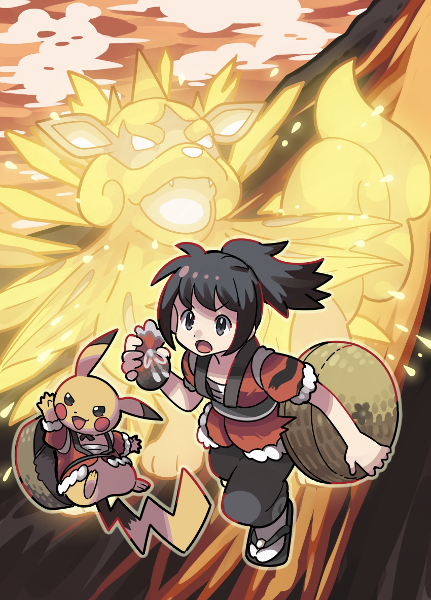 1boy absurdres black_hair black_pants clothed_pokemon commentary_request hat hat_removed headwear_removed highres hisuian_arcanine holding holding_clothes holding_hat jacket male_focus molten_rock open_mouth pants pikachu pokemon pokemon_(game) pokemon_legends:_arceus ponytail red_jacket rei_(pokemon) sandals short_sleeves socks sutokame tongue volcano white_legwear