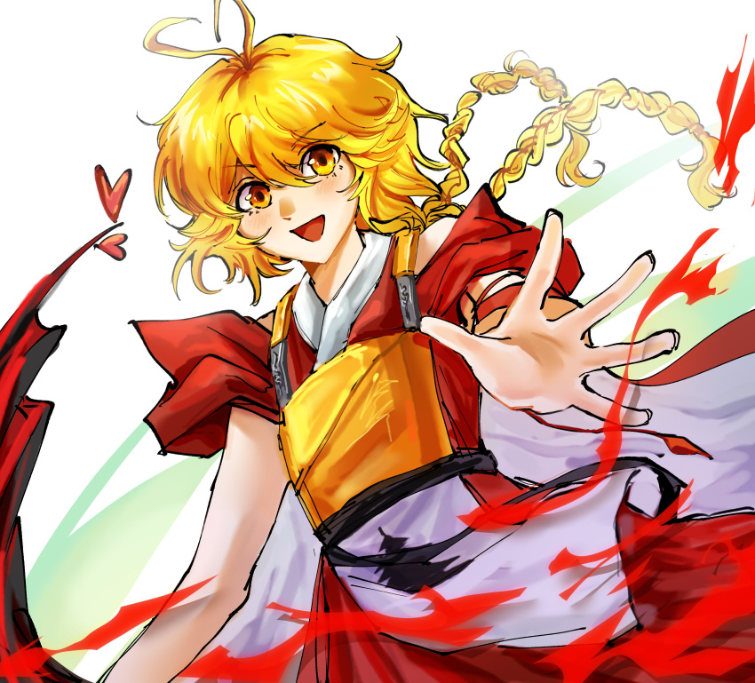 1other absurdres androgynous antenna_hair bare_shoulders blonde_hair bow_(weapon) braid cape chest_guard cowboy_shot dress heart highres len'en messy_hair ooama_no_ake_no_mitori open_hand otogisum3 red_cape red_dress smile solo twin_braids weapon yellow_eyes