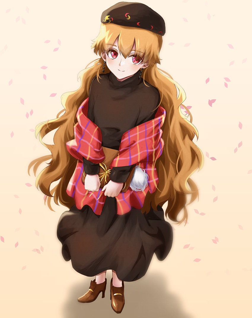 1girl absurdres bangs blush boots bow box breasts brown_dress brown_footwear brown_headwear closed_mouth commentary_request crescent crescent_print dress earrings eyebrows_visible_through_hair eyes_visible_through_hair gradient gradient_background hair_between_eyes hat highres jacket jewelry junko_(touhou) long_sleeves looking_to_the_side medium_breasts neold official_alternate_costume open_clothes open_jacket orange_background orange_hair petals plaid plaid_jacket red_eyes red_jacket shadow smile solo touhou wavy_hair wide_sleeves yellow_background yellow_bow