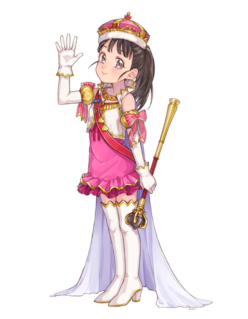 bangs black_hair boots bow cape child commentary_request crown detached_sleeves dress eyebrows_visible_through_hair frilled_skirt frills fukuyama_mai full_body fur-trimmed_headwear gloves grey_eyes h_vstpy hand_up heart high_collar highres idolmaster idolmaster_cinderella_girls jewelry long_hair looking_at_viewer pink_dress ponytail red_bandeau red_bow scepter skirt smile solo standing thigh_boots thighhighs vest waving white_cape white_footwear white_gloves white_sleeves white_vest