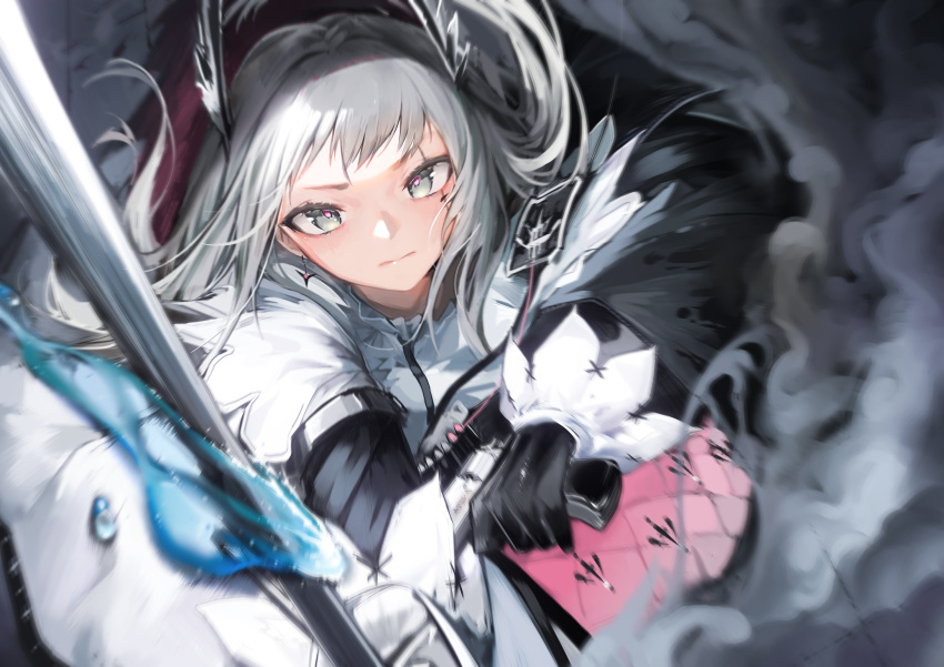 1girl arknights black_gloves blush capelet chinese_commentary closed_mouth commentary_request dual_wielding earrings from_above gloves green_eyes grey_hair gun head_wings highres holding holding_gun holding_sword holding_weapon irene_(arknights) jewelry long_hair long_sleeves looking_at_viewer looking_up pink_skirt rapier scar scar_across_eye scar_on_face skirt smoke solo sword v-shaped_eyebrows water weapon white_capelet wo_chi_xiangjiao_pi