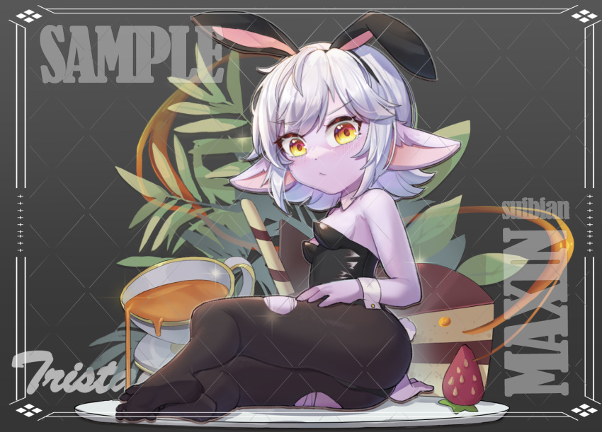 1girl :&lt; alternate_costume animal_ears ass bangs black_legwear black_leotard blush breasts character_name commentary_request cup detached_collar eyebrows_visible_through_hair fake_animal_ears food fruit league_of_legends leotard looking_at_viewer maxin_(xinzhisuozai) no_shoes plant playboy_bunny pointy_ears rabbit_ears sample_watermark shiny shiny_hair short_hair sitting small_breasts strawberry torn_clothes torn_legwear tristana white_hair yordle