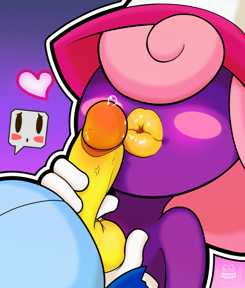 &lt;3 ambiguous_gender anthro ball_fondling balls blush bodily_fluids boyhowdy duo erection female fondling genital_fluids genitals handjob hi_res intersex intersex/male kissing koopa koopa_troopa koops lips male male/female mario_bros nintendo paper_mario paper_mario:_the_thousand_year_door penile penis penis_kissing precum scalie sex shadow_siren thick_lips video_games vivian_(mario) worried