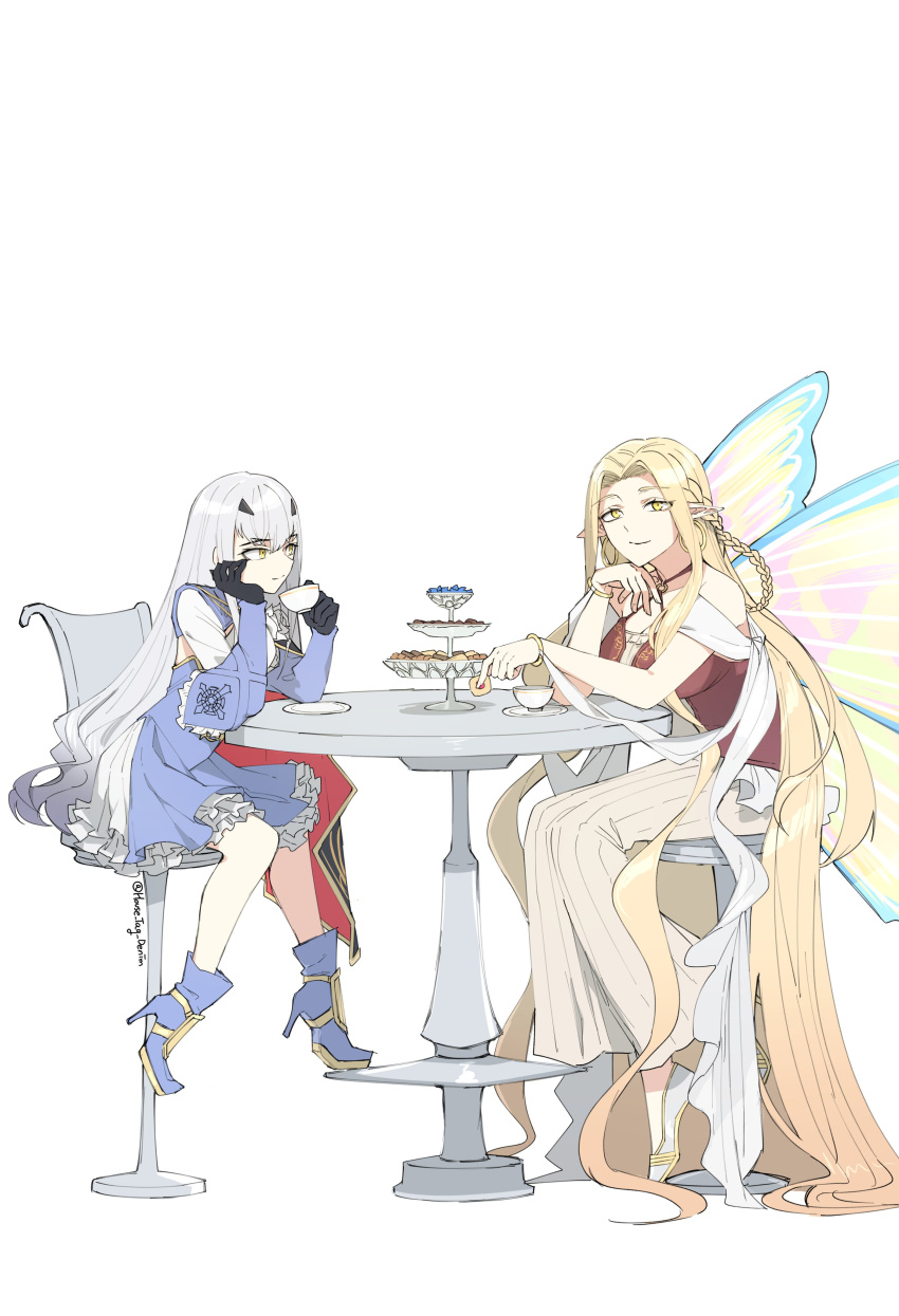 2girls absurdly_long_hair absurdres aurora_(fate) blonde_hair cup fairy_knight_lancelot_(fate) fairy_knight_lancelot_(second_ascension)_(fate) fate/grand_order fate_(series) forehead full_body highres house_tag_denim long_hair multiple_girls pointy_ears simple_background table very_long_hair white_hair wings yellow_eyes