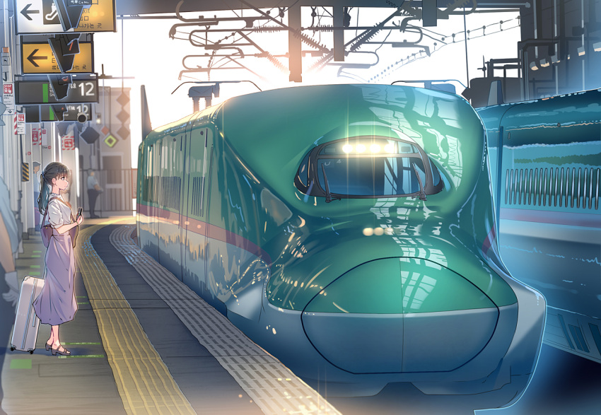 1girl black_eyes black_footwear black_hair daito e5_hayabusa ground_vehicle hair_behind_ear high_heels holding holding_suitcase original ponytail purple_skirt shinkansen shirt skirt standing suitcase train vehicle_focus white_shirt