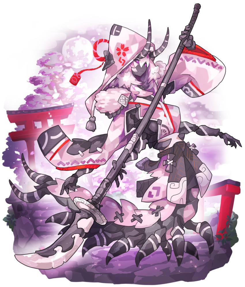 1girl arthropod_girl black_skin carapace centipede_girl cherry_blossoms colored_sclera colored_skin commentary_request extra_arms extra_legs floral_print highres hood horns mix_(candlmix) naginata original petals pink_hair polearm purple_eyes purple_sclera weapon wide_sleeves