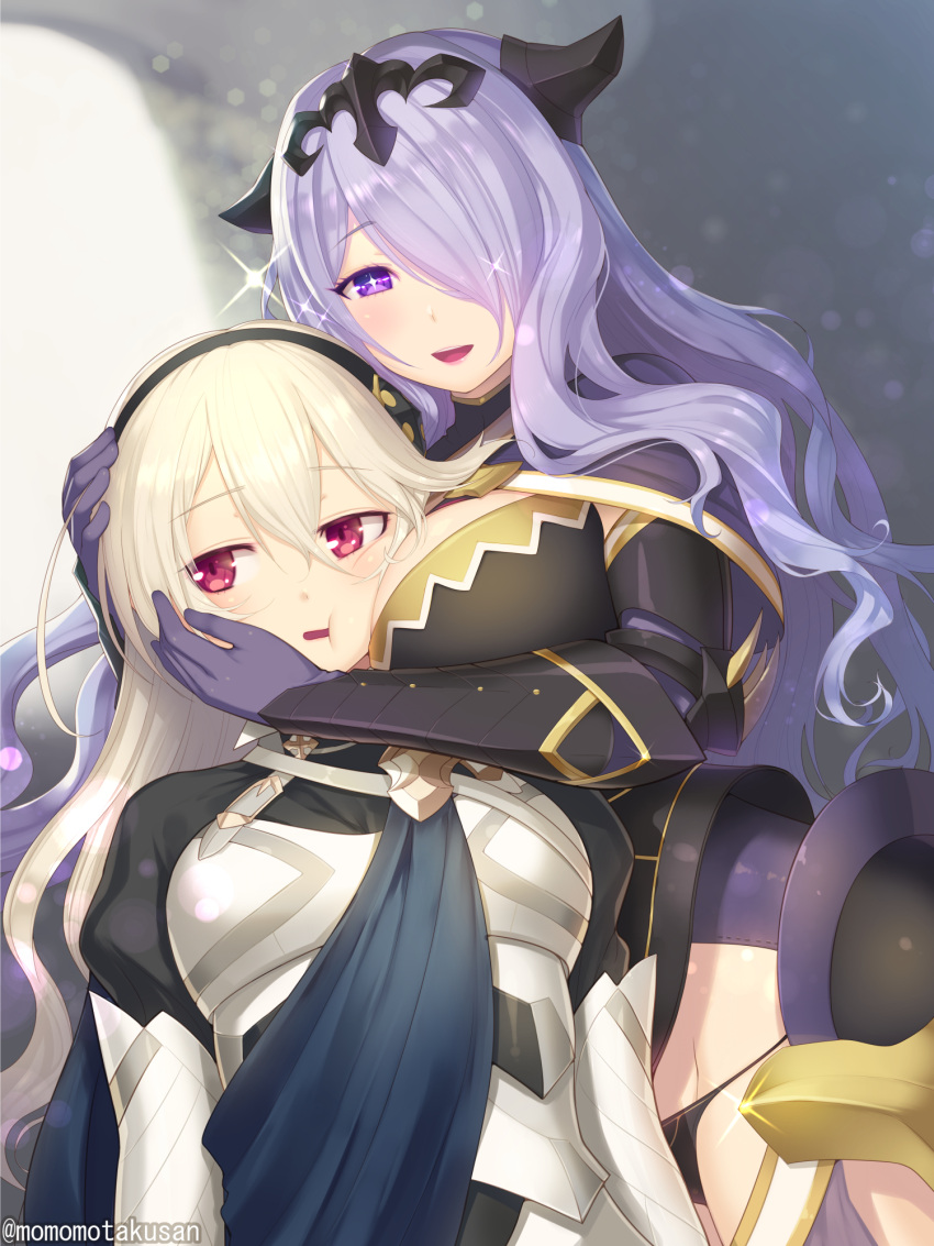 2girls :d armor black_armor black_panties bodice breasts camilla_(fire_emblem) cleavage corrin_(fire_emblem) corrin_(fire_emblem)_(female) cowboy_shot eyebrows_visible_through_hair fake_horns fire_emblem fire_emblem_fates grey_hair groin hair_over_one_eye hairband highres horns hug kashiwamochi_yomogi large_breasts long_hair looking_at_another looking_to_the_side multiple_girls open_mouth panties purple_eyes purple_hair red_eyes smile speech_bubble tiara underwear upper_body very_long_hair wavy_hair