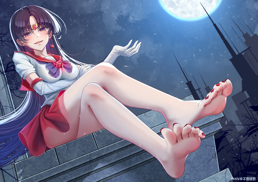 1girl absurdres bare_legs barefoot bishoujo_senshi_sailor_moon black_hair bow crossed_legs earrings elbow_gloves feet foot_focus foreshortening gloves highres hino_rei impossible_clothes impossible_shirt jewelry long_hair magical_girl moon nail_polish night night_sky open_mouth purple_eyes red_nails red_sailor_collar red_skirt sailor_collar sailor_mars sailor_senshi_uniform senyahiro shirt sitting skirt sky soles solo tiara toenail_polish toenails toes white_shirt