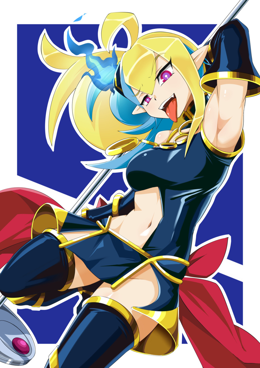 1girl ahoge alternate_hair_color armpits aru_(pixiv51061317) black_dress black_legwear black_skirt black_sleeves blonde_hair blue_fire blue_hair breasts clothing_cutout commentary detached_sleeves dress duel_monster eyebrows_visible_through_hair fang fire highres medium_breasts multicolored_hair navel navel_cutout pointy_ears purple_eyes sevens_road_witch side_ponytail skirt staff thighhighs tongue tongue_out two-tone_hair yu-gi-oh! yu-gi-oh!_sevens