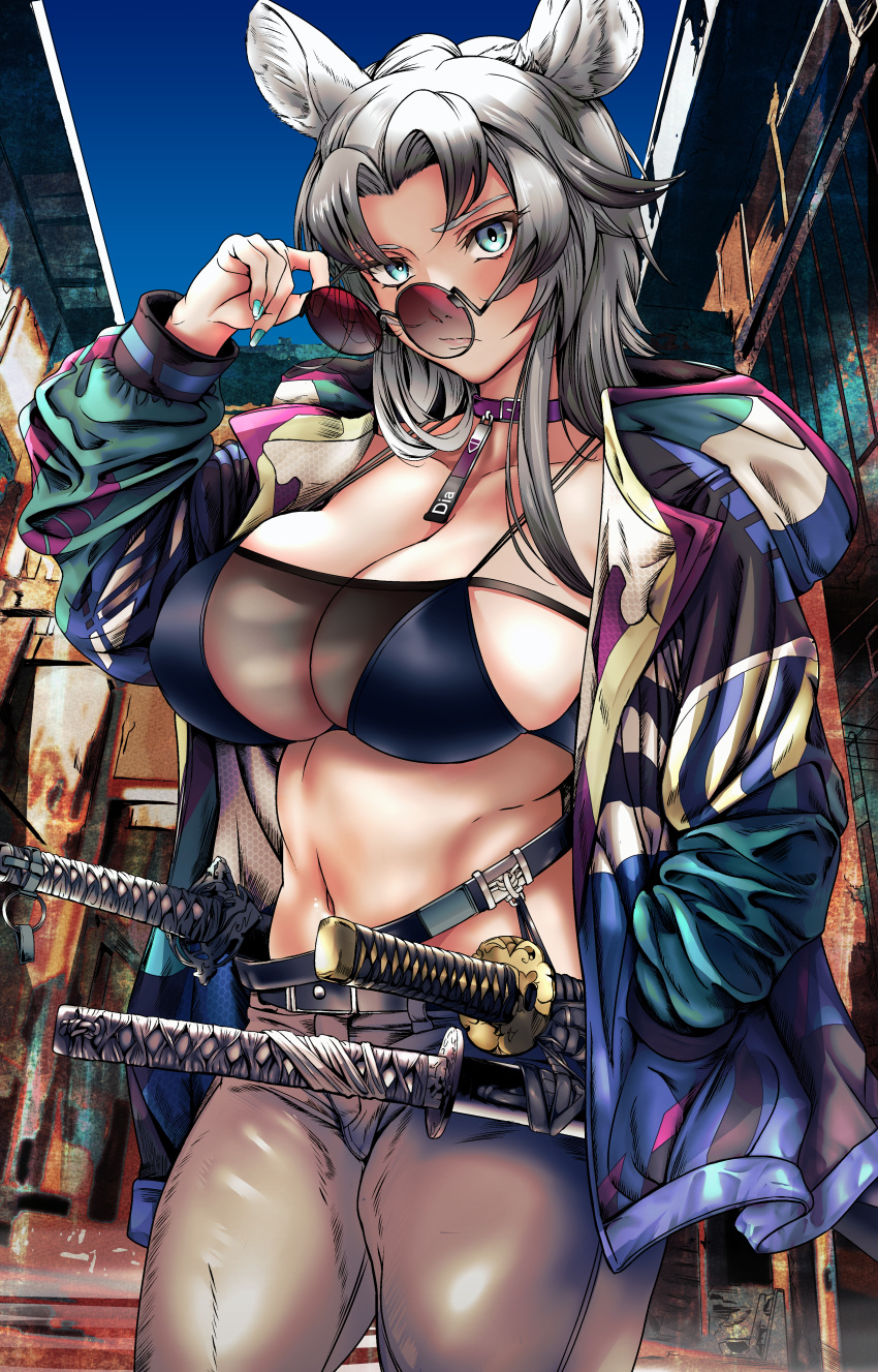 1girl :/ absurdres akegata_tobari animal_collar animal_ear_fluff animal_ears belt bikini bikini_top_only black_hair blue_eyes breasts brown_pants cleavage closed_mouth collar collarbone cowboy_shot day eyewear_removed fingernails green_nails grey_hair hand_in_pocket hand_on_eyewear hand_up highres hood hood_down hooded_jacket jacket large_breasts lips long_hair long_sleeves looking_at_viewer midriff multicolored_clothes multicolored_hair multicolored_jacket nail_polish navel open_clothes open_jacket original outdoors pants pocket purple_collar red-tinted_eyewear round_eyewear scabbard sheath sheathed skindentation solo stomach sunglasses swimsuit sword sword_hilt tinted_eyewear two-tone_hair weapon
