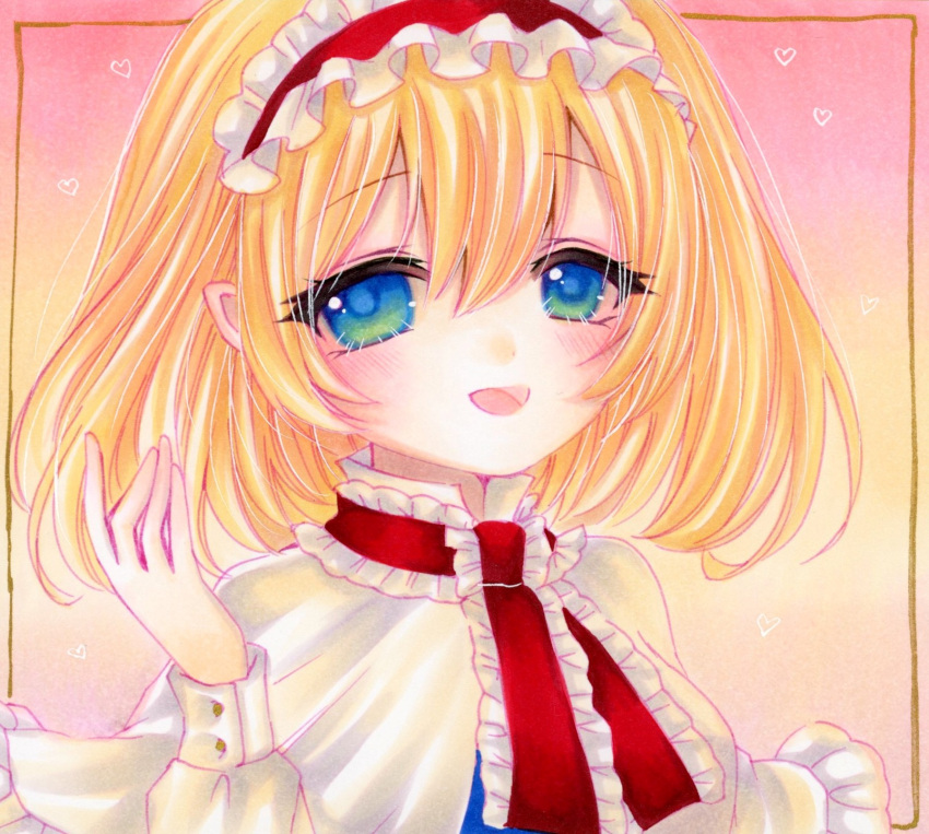 1girl alice_margatroid bangs blonde_hair blue_dress blue_eyes blush breasts buttons capelet commentary_request dress eyebrows_visible_through_hair eyes_visible_through_hair framed_image frills gradient gradient_background hair_between_eyes hairband hand_up heart highres long_sleeves looking_to_the_side marker_(medium) medium_breasts multicolored_background necktie open_mouth pink_background puffy_long_sleeves puffy_sleeves red_hairband red_necktie shirt short_hair smile solo touhou traditional_media upper_body white_capelet white_shirt yellow_background yuuki_hana_(jtnp5334)