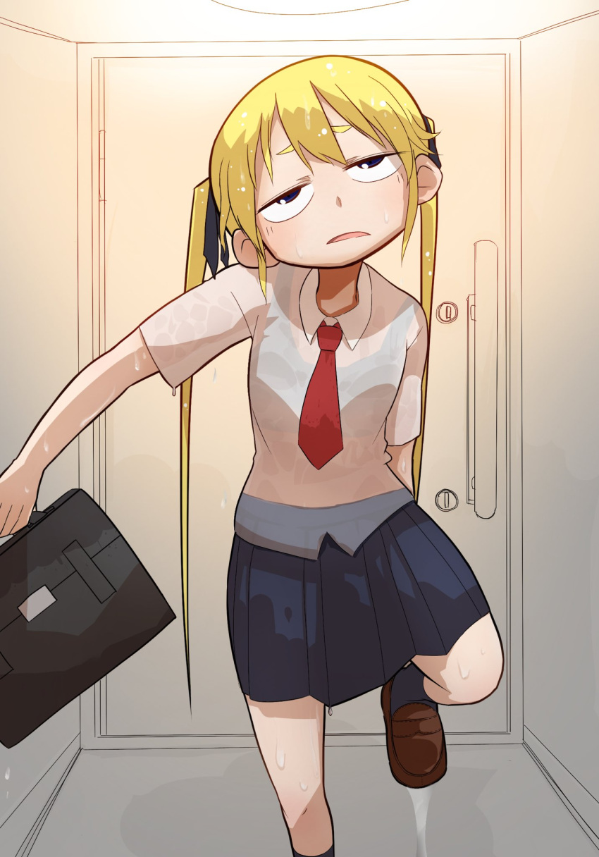 1girl black_legwear black_skirt blonde_hair bra_visible_through_clothes brown_footwear doorway exhausted grief_loss highres indoors jitome kill_me_baby leg_up loafers long_hair necktie pleated_skirt purple_eyes school_briefcase school_uniform see-through shirt shoes short_sleeves skirt socks solo sonya_(kill_me_baby) standing twintails wet wet_clothes wet_hair wet_shirt wet_skirt white_shirt