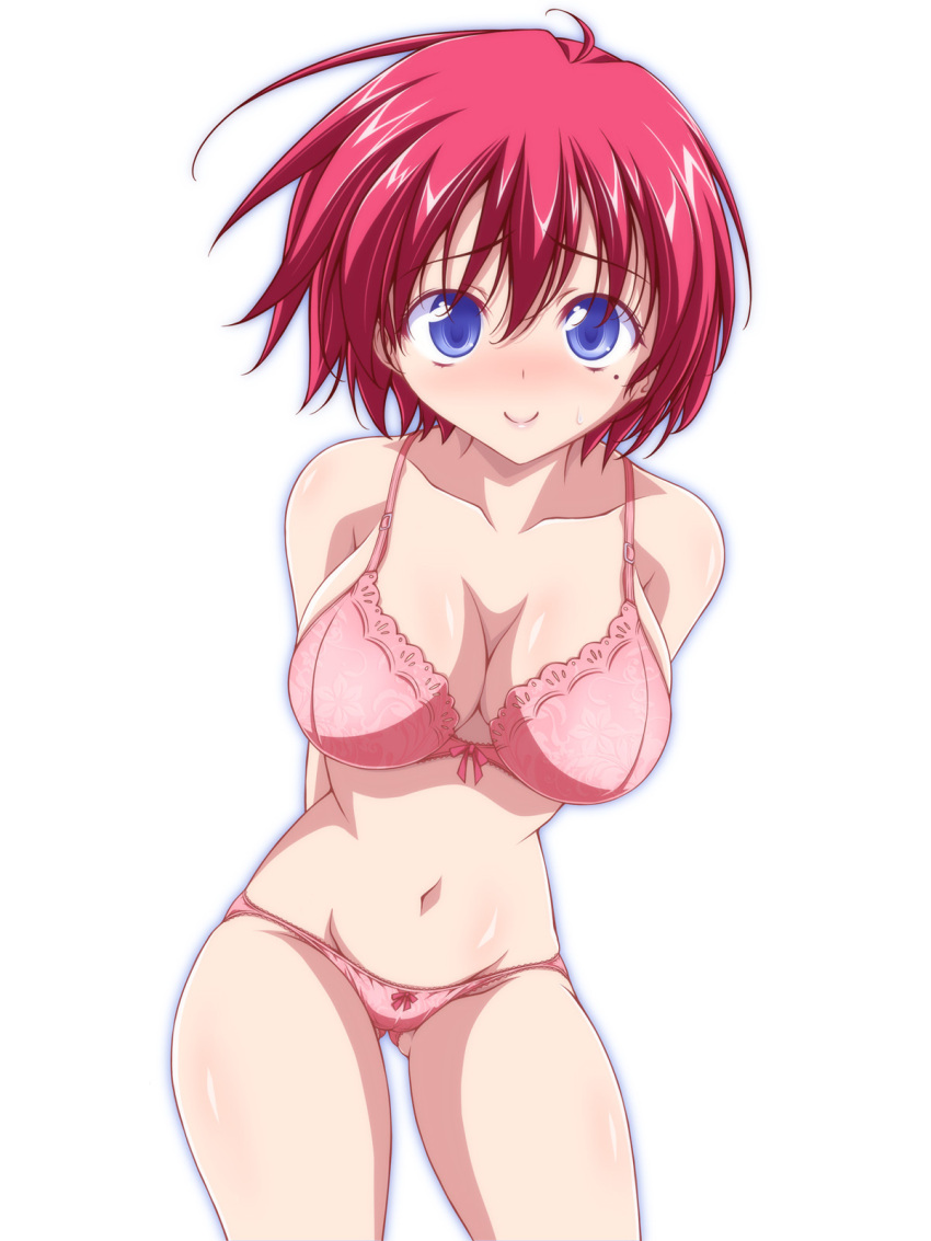 1girl arms_behind_back ass_visible_through_thighs bangs blue_eyes blush bow bow_bra bow_panties bra breasts cleavage closed_mouth commentary_request cowboy_shot eyebrows_visible_through_hair highres hinomoto_hikari kikuchi_tsutomu leaning_forward looking_at_viewer medium_breasts mole mole_under_eye navel panties pink_bra pink_panties red_hair short_hair simple_background smile solo standing sweatdrop tokimeki_memorial tokimeki_memorial_2 underwear underwear_only white_background wind