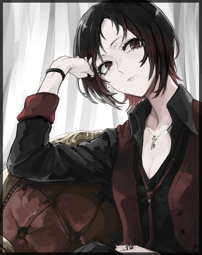 1girl black_border black_hair black_nails black_shirt border breasts cleavage couch curtains dress_shirt earrings gradient_hair highres inanutshell90 jewelry kisaragi_ren_(vtuber) long_sleeves looking_at_viewer medium_breasts multicolored_hair necklace necktie official_alternate_costume open_clothes open_vest red_eyes red_hair red_necktie red_vest ring shirt short_hair sitting solo vest virtual_youtuber vspo!