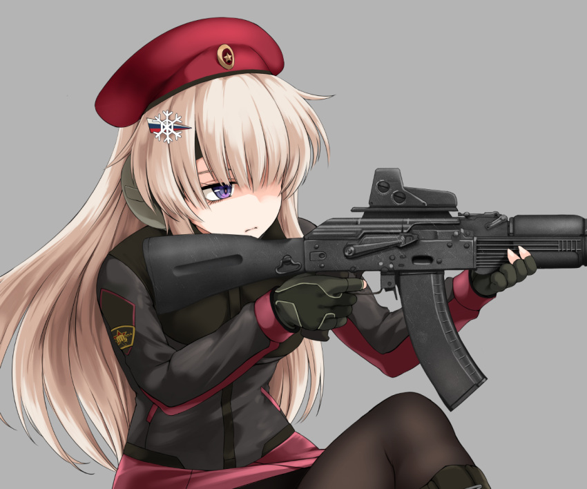 ak-74m ak74m_(girls'_frontline) akatsuki_akane assault_rifle beret blonde_hair boots camouflage_gloves ear_protection eotech finger_on_trigger girls'_frontline gloves gun hair_ornament hat kalashnikov_rifle kneeling long_hair one_knee optical_sight pantyhose purple_eyes red_headwear red_star rifle russian_flag snowflake_hair_ornament tactical_clothes weapon