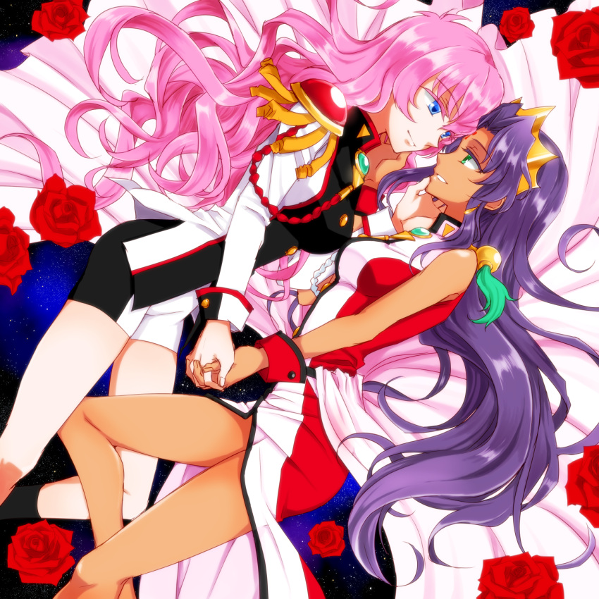 2girls black_legwear blue_eyes dark_skin dress epaulettes eye_contact eyebrows_visible_through_hair flower green_eyes highres himemiya_anthy holding_hands interlocked_fingers legs lips long_hair long_sleeves looking_at_another multiple_girls ootori_gakuen_school_uniform parted_lips pink_hair red_dress rose school_uniform shorts shoujo_kakumei_utena sleeveless sleeveless_dress sorano_namida tenjou_utena yuri