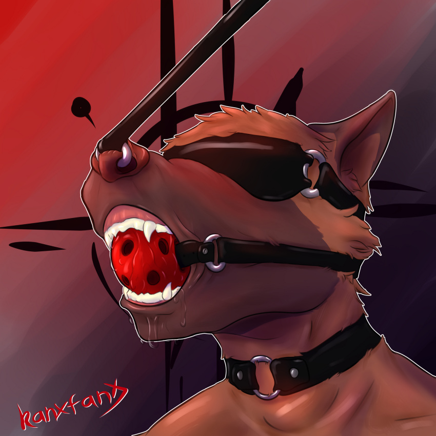 anthro ball_gag bdsm blush bodily_fluids canid canine canis collar domestic_dog gag hi_res humanoid male mammal ranxfanx saliva saliva_string simple_background solo