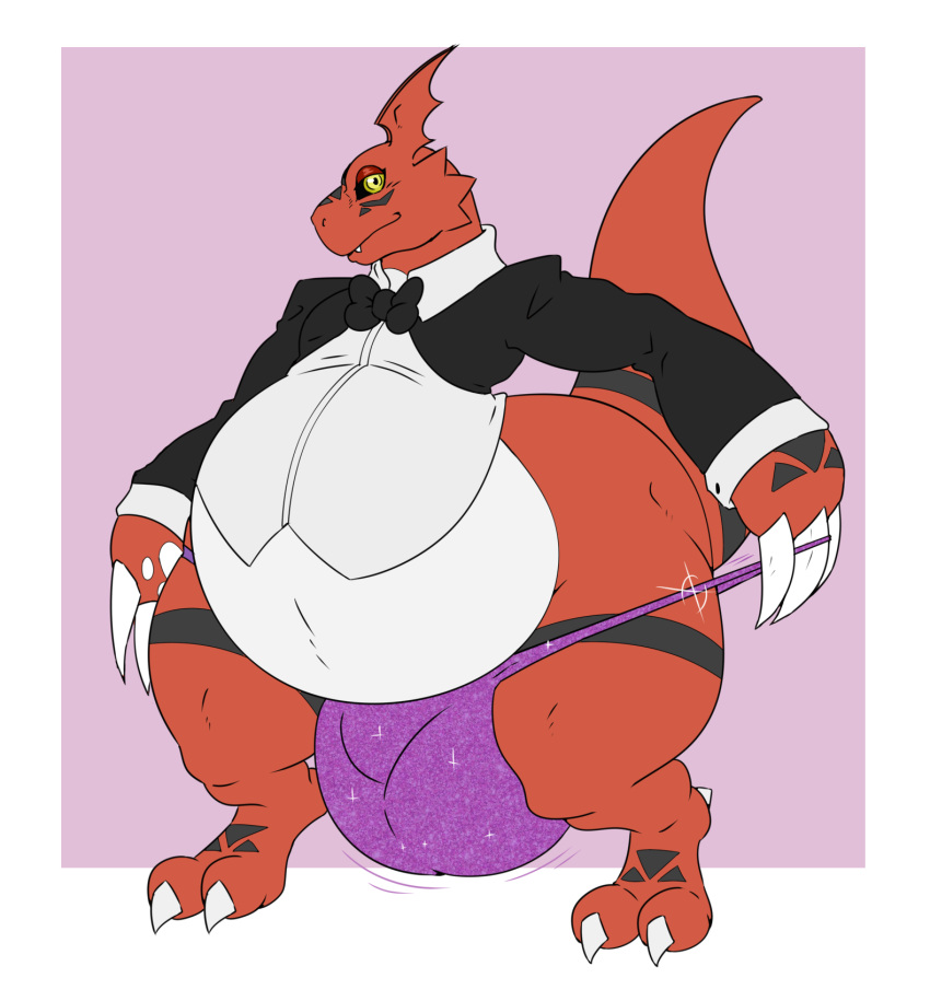 2022 2_toes 3_fingers a-side anthro bandai_namco belly big_belly big_bulge black_tie_(suit) bottom_heavy bow_tie bulge chubby_anthro chubby_male claws clothing clothing_pull digimon digimon_(species) dinosaur fangs feet fingers front_view glitter guilmon half-closed_eyes head_turned hi_res horn long_claws looking_at_viewer male narrowed_eyes overweight overweight_anthro overweight_male raised_tail red_body red_scales reptile scales scalie slightly_chubby smile solo suit thick_thighs thong thong_pull thong_straps tiptoes toe_claws toes underwear underwear_pull wide_hips yellow_eyes