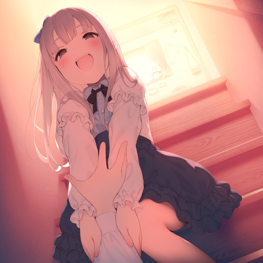 1girl 1other :d bangs blush brown_eyes commentary_request frills highres holding_another's_arm long_hair looking_at_viewer original pokachu pov puffy_sleeves skirt smile stairs teeth