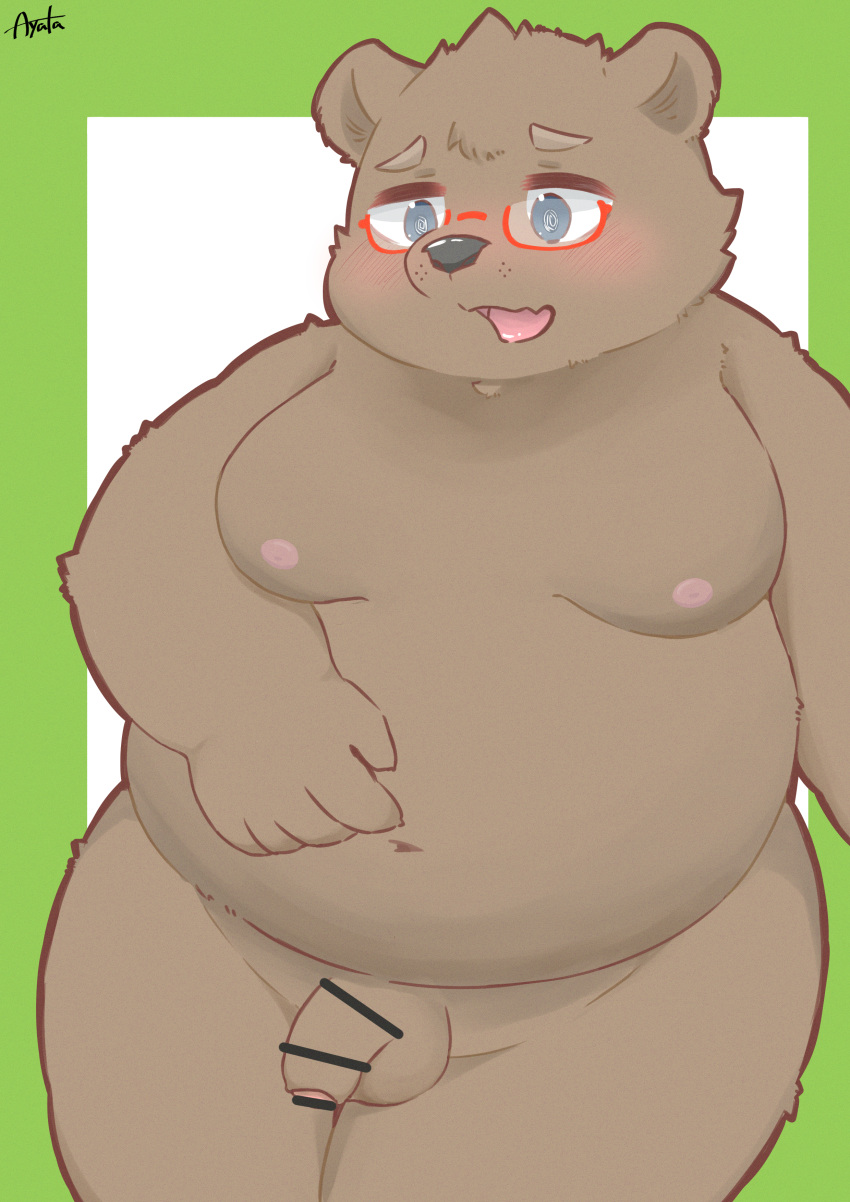 2022 absurd_res anthro ayata balls belly big_belly blush brown_body eyewear flaccid genitals glasses hi_res humanoid_genitalia humanoid_hands humanoid_penis kemono male mammal overweight overweight_male penis simple_background solo ursid young