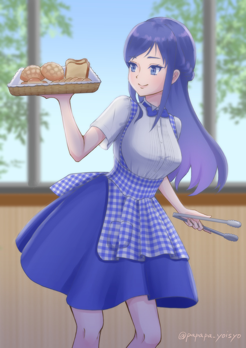 1girl absurdres alternate_breast_size alternate_costume apron blue_apron blue_bow blue_bowtie blue_eyes blue_hair blue_skirt bow bowtie braid bread breasts checkered_apron collared_shirt cowboy_shot employee_uniform eyebrows_visible_through_hair food gingham gingham_apron high-waist_skirt highres hishikawa_rikka indoors kobeya kobeya_uniform lips long_hair looking_at_another medium_breasts papapa_yoisyo plaid plaid_apron pleated_shirt precure shirt skirt solo tongs tray tree twitter_username uniform waitress window