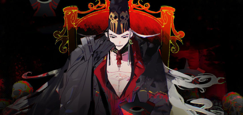 1boy abs alternate_hairstyle ashiya_douman_(fate) ashiya_douman_(third_ascension)_(fate) asymmetrical_hair black_eyes black_hair black_headwear black_nails black_skin chair chinese_commentary colored_skin commentary_request curly_hair earrings evil_smile eye_print fangs fate/grand_order fate_(series) fingernails hair_intakes hat heian highres jewelry laver_(1090792977) long_hair looking_at_viewer magatama magatama_earrings male_focus multicolored_hair official_alternate_costume onmyouji open_mouth pectorals sharp_fingernails shikigami sitting skull skull_print smile solo tate_eboshi toned toned_male traditional_clothes two-tone_hair upper_body very_long_fingernails very_long_hair white_hair