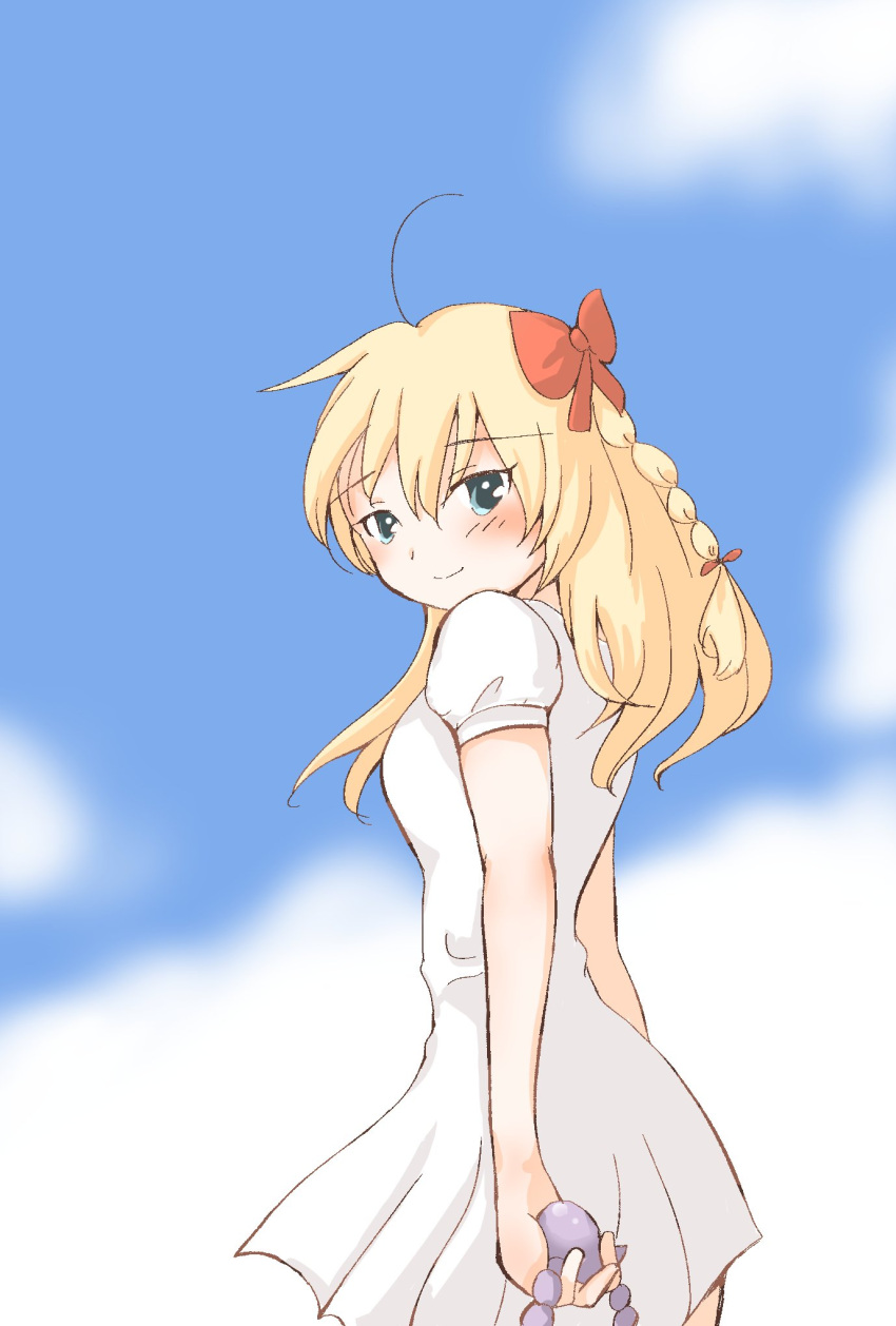 1girl ahoge blonde_hair bow braid breasts chrono_cross closed_mouth cloud dress hair_bow highres kid_(chrono_cross) long_hair looking_at_viewer simple_background smile solo white_background