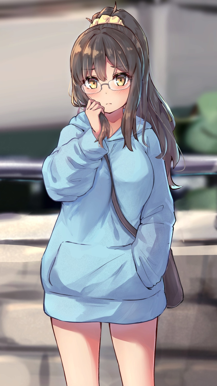 1girl between_breasts blue_hoodie blurry blurry_background blush breasts brown_eyes brown_hair embarrassed forneus_0 futaba_rio glasses hand_in_pocket highres holding holding_hair hood hoodie light_frown long_hair ponytail rimless_eyewear scrunchie seishun_buta_yarou solo strap_between_breasts yellow_scrunchie