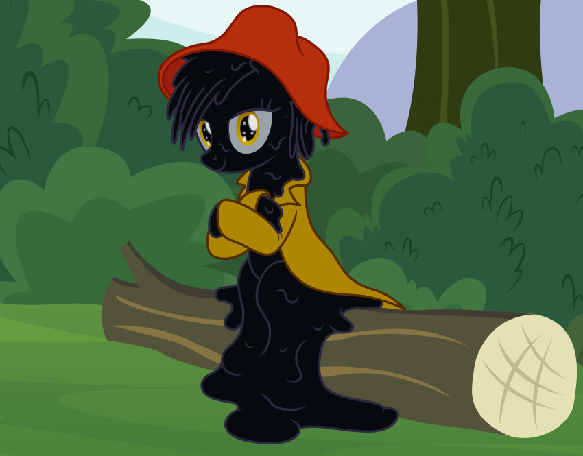 amber_eyes badumsquish clothing crossed_arms equid equine goo_creature hasbro hat headgear headwear hi_res horse hybrid log looking_at_viewer mammal my_little_pony pony sitting song_of_the_south tar tar_creature tar_slime wood