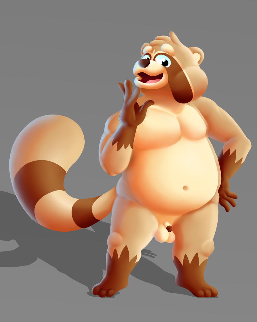 1:1 absurd_res anthro balls belly big_belly digital_media_(artwork) flaccid fur genitals hair hi_res humanoid_genitalia humanoid_penis looking_at_viewer male mammal moobs navel nipples nude overweight overweight_anthro overweight_male penis procyonid raccoon siblu sibluself small_penis solo