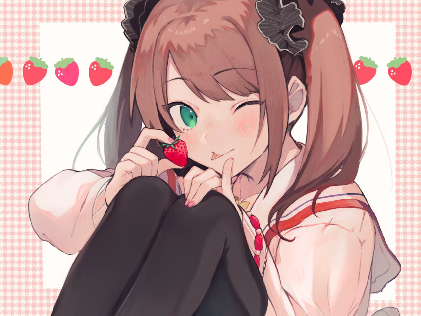 bangs black_legwear black_scrunchie blush commentary eyebrows_visible_through_hair eyelashes food fruit green_eyes highres idolmaster idolmaster_side-m jewelry long_sleeves mitsuba_kuma mizushima_saki nail_polish necklace one_eye_closed otoko_no_ko pink_nails sailor_collar scrunchie shirt short_hair sidelocks smile strawberry strawberry_background thighhighs tongue tongue_out twintails white_background white_shirt