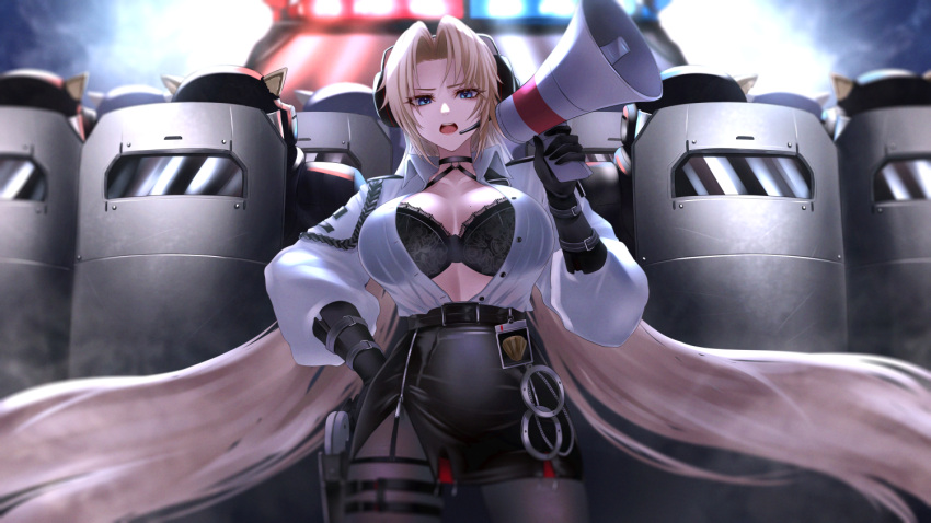 1girl 6+others azur_lane bangs banned_artist belt black_belt black_bra black_choker black_gloves black_legwear black_skirt blonde_hair blue_eyes bra breasts choker cleavage collarbone collared_shirt commentary_request cowboy_shot cuffs elbow_gloves eyebrows_visible_through_hair floating_hair gloves hand_on_hip handcuffs headset high-waist_pantyhose high-waist_skirt holding holding_megaphone holstered_weapon impossible_hair kronshtadt_(azur_lane) kronshtadt_(begin_the_rush!)_(azur_lane) large_breasts leg_garter long_hair long_sleeves looking_at_viewer megaphone miniskirt mior mole mole_on_breast multiple_others official_alternate_costume open_clothes open_mouth open_shirt pantyhose parted_bangs pencil_skirt police_badge revision riot_shield shield shirt sidelocks skirt solo_focus standing stomach swat underwear very_long_hair white_shirt