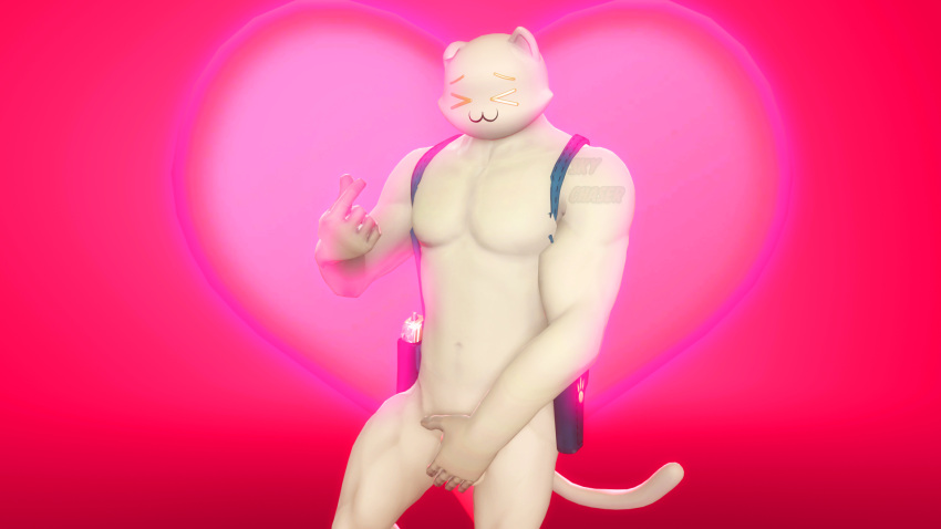 &lt;3 16:9 3d_(artwork) anthro covering covering_crotch cute_eyes digital_media_(artwork) domestic_cat epic_games felid feline felis fortnite gun_holster hand_on_hip hi_res male mammal meowscles_(ghost) muscular muscular_anthro muscular_male nude sky_chaser smile solo solo_focus source_filmmaker video_games widescreen