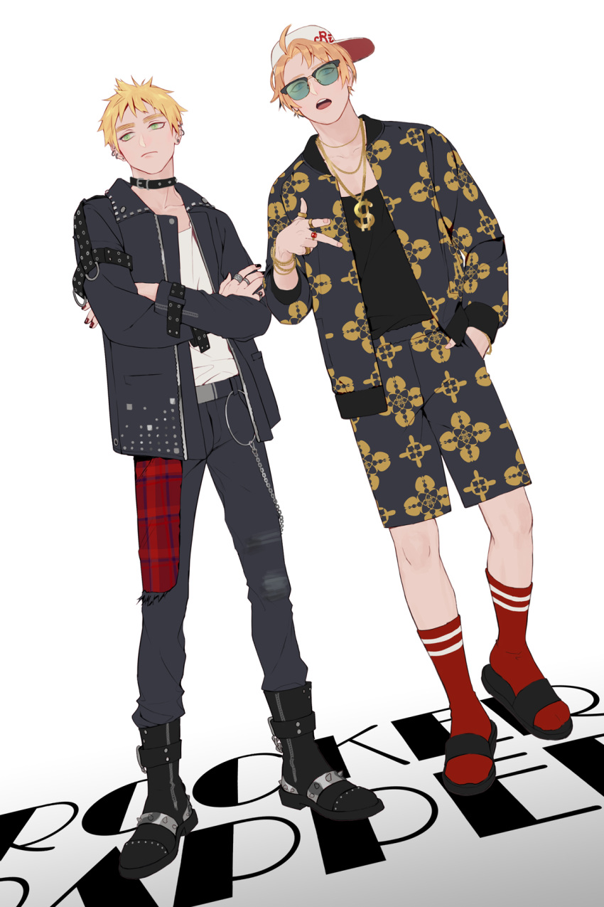 2boys alternate_costume america_(hetalia) ankle_socks axis_powers_hetalia backwards_hat chain choker crossed_arms gold_chain hand_in_pocket hat highres huacai jacket leather leather_jacket looking_down looking_to_the_side male_focus multiple_boys patterned_clothing punk red_legwear socks spiked_boots spiked_choker spikes sunglasses thick_eyebrows united_kingdom_(hetalia)