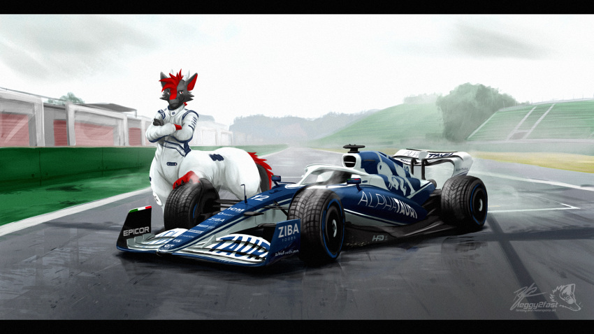 2022 car clothed clothing crossed_arms detailed_background dragon dragon_taur fog formula_1 formula_1_car fully_clothed fully_clothed_taur fur furred_dragon furred_dragon_taur grey_body grey_fur horn italian_flag leggy2fast letterbox looking_at_viewer male mane outside race_car red_body red_fur red_mane solo sportswear steam taur text url vehicle watermark white_horn