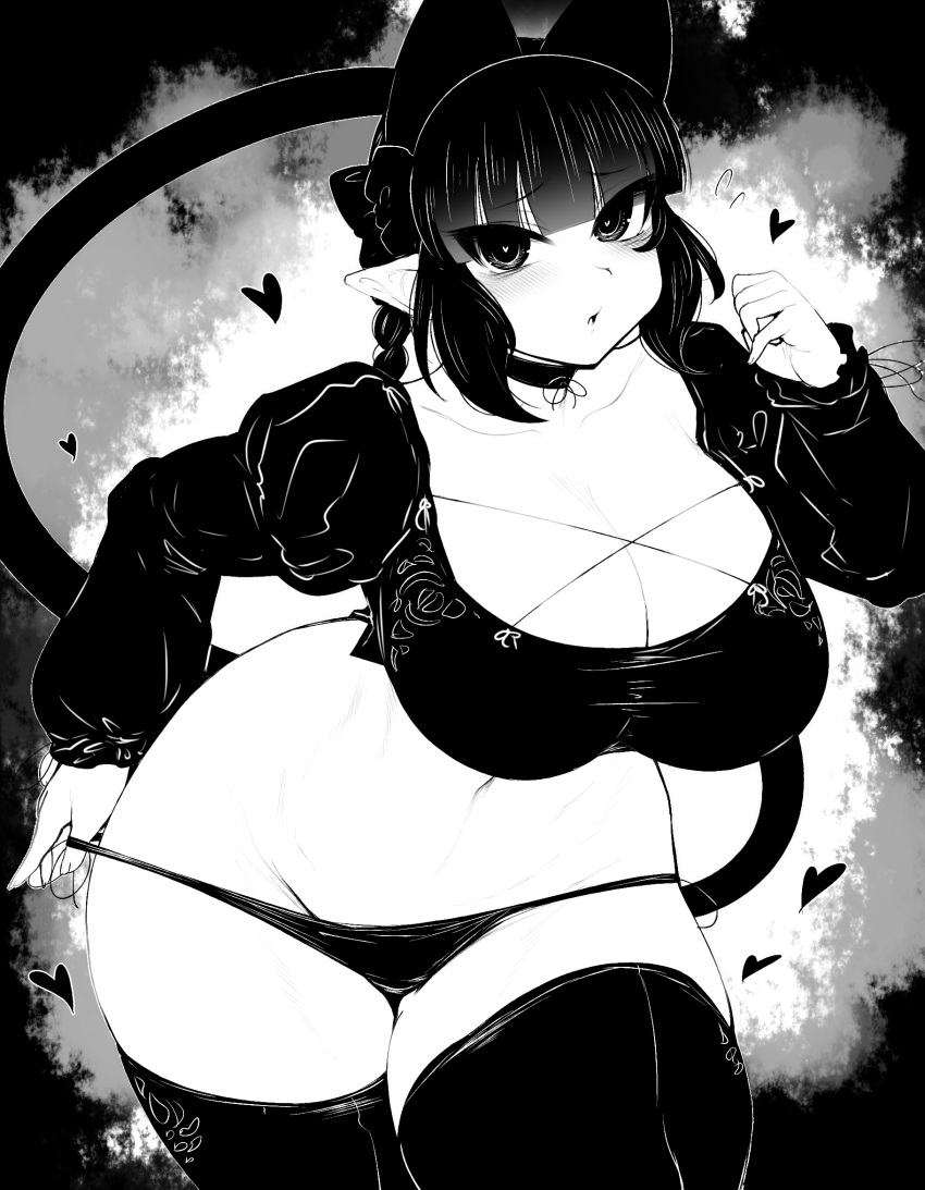 1girl animal_ears bangs blunt_bangs braid breasts cat_ears cat_tail cleavage cowboy_shot cross-laced_clothes curvy extra_ears groin haseru_(ginku_mh) heart highres juliet_sleeves kaenbyou_rin large_breasts long_sleeves looking_at_viewer medium_hair monochrome multiple_tails navel nekomata open_mouth panties panty_pull pointy_ears puffy_sleeves pulled_by_self side_braids solo standing tail thighhighs touhou twin_braids two_tails underwear
