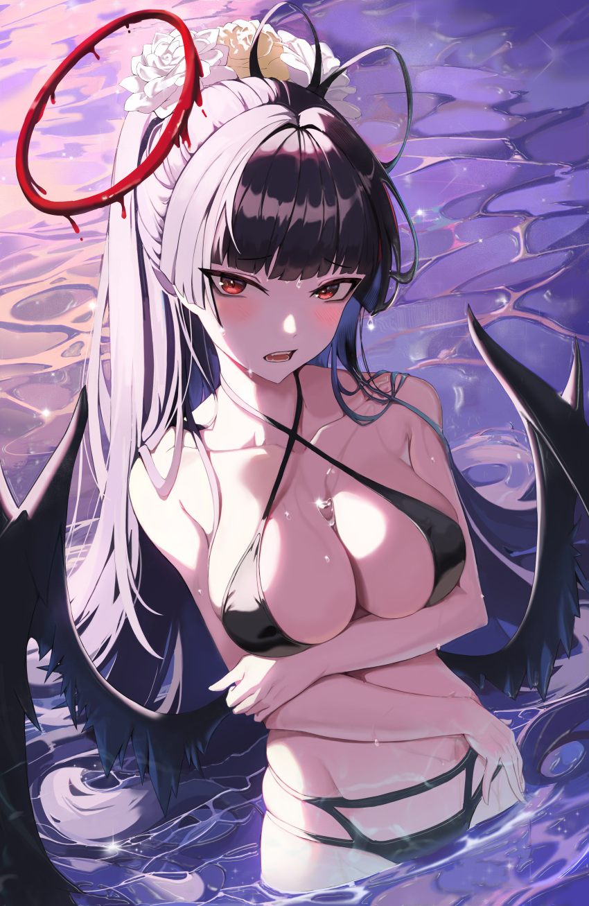 1girl absurdres bangs bikini black_bikini black_hair blue_archive blush breast_hold breasts caustics cleavage collarbone criss-cross_halter flower groin hair_flower hair_ornament halo halterneck highres large_breasts long_hair looking_at_viewer low_wings multi-strapped_bikini n8_(buse1601) open_mouth ponytail red_eyes skindentation solo swimsuit teeth tsurugi_(blue_archive) tsurugi_(swimsuit)_(blue_archive) wading water wet wet_hair wings