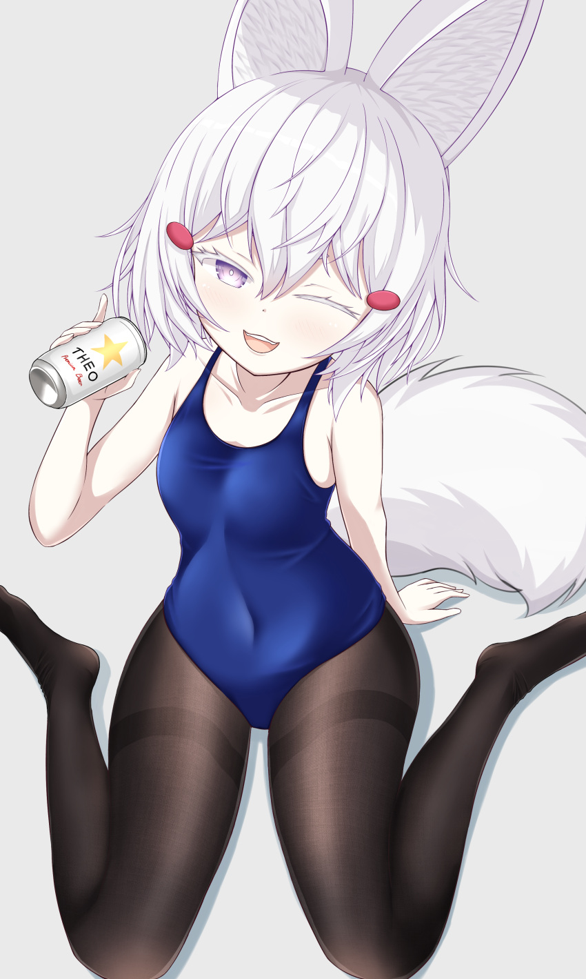 1girl absurdres alcohol alternate_costume beer breasts cien_(shikanokuni) collarbone colored_eyelashes covered_navel eyelashes fox_girl fox_tail hair_between_eyes highres kitsune pantyhose phase_connect pointy_ears purple_eyes school_swimsuit simple_background small_breasts swimsuit tail tenma_maemi thighs virtual_youtuber