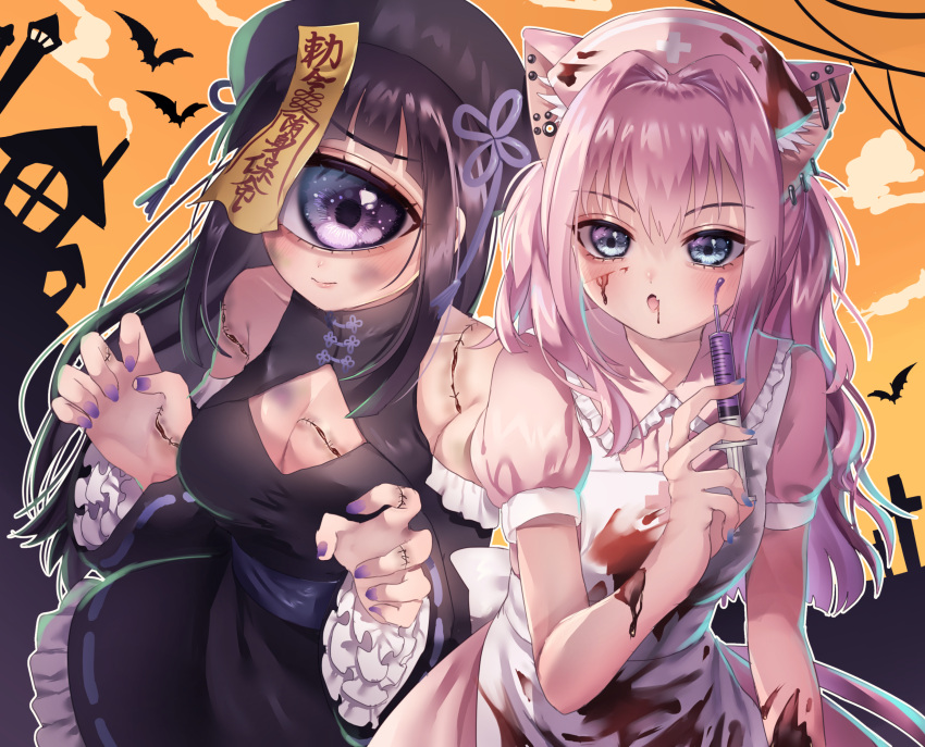 2girls :o animal_ear_fluff animal_ears apron back_bow bangs black_hair blood blue_eyes blunt_bangs blush bow breasts bruise cat_ears claw_pose cleavage collared_shirt cuts cyclops detached_sleeves dress ear_piercing earrings fang frills hair_intakes halloween hat highres holding holding_syringe injury jewelry long_hair long_sleeves looking_at_another looking_at_viewer mandarin_collar mntimccz monster_girl multiple_earrings multiple_girls nail_polish nurse_cap ofuda one-eyed original piercing pink_hair puffy_short_sleeves puffy_sleeves purple_eyes shirt short_sleeves skin_fang sleeveless sleeveless_dress stitches syringe v-shaped_eyebrows