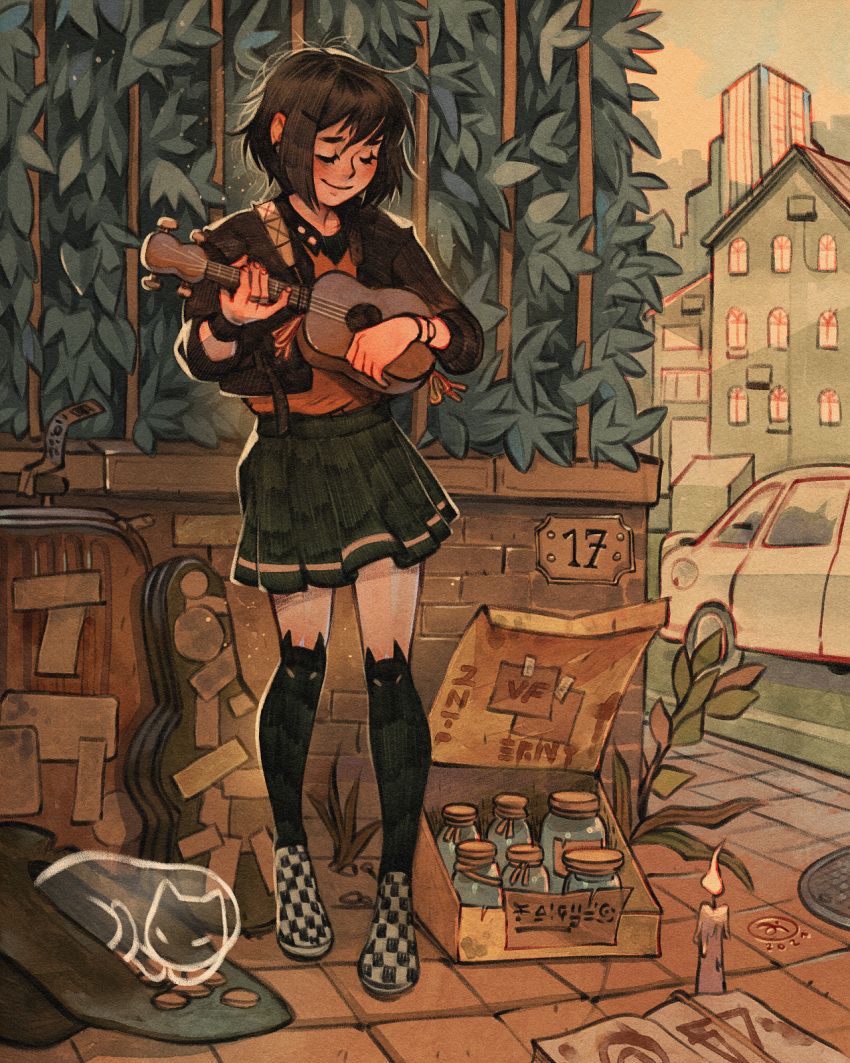 1girl black_hair black_legwear blush candle car closed_eyes closed_mouth green_skirt ground_vehicle hair_ornament hairclip highres holding holding_instrument instrument instrument_case long_sleeves motor_vehicle original outdoors over-kneehighs pleated_skirt short_hair simz skirt smile solo suitcase thighhighs