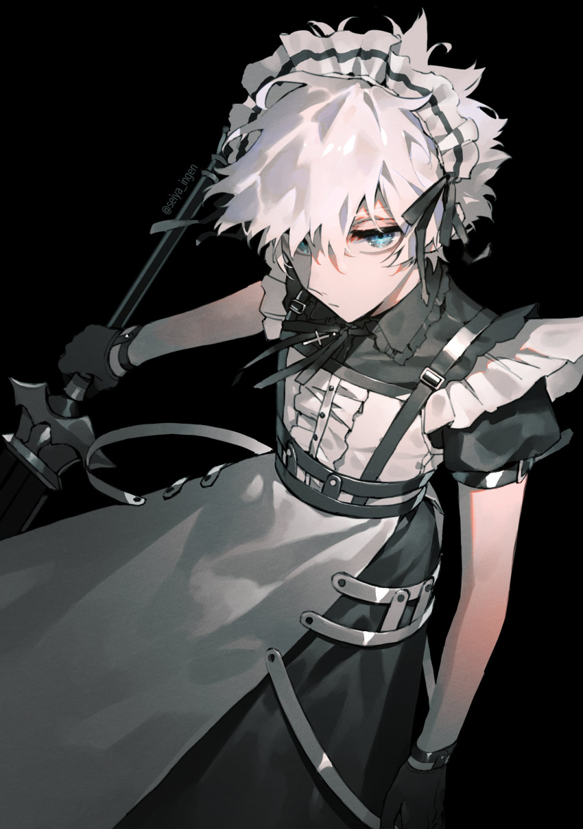 1boy absurdres alternate_costume apron bangs black_footwear black_gloves black_ribbon blue_eyes charles-henri_sanson_(fate) choker closed_mouth commentary_request crossdressing enmaided expressionless fate/grand_order fate_(series) feet_out_of_frame frills gloves highres holding holding_sword holding_weapon looking_at_viewer maid maid_apron maid_day maid_headdress male_focus ribbon ribbon_choker seiya_ingen shiny shiny_hair short_hair short_sleeves solo sword twitter_username weapon white_hair