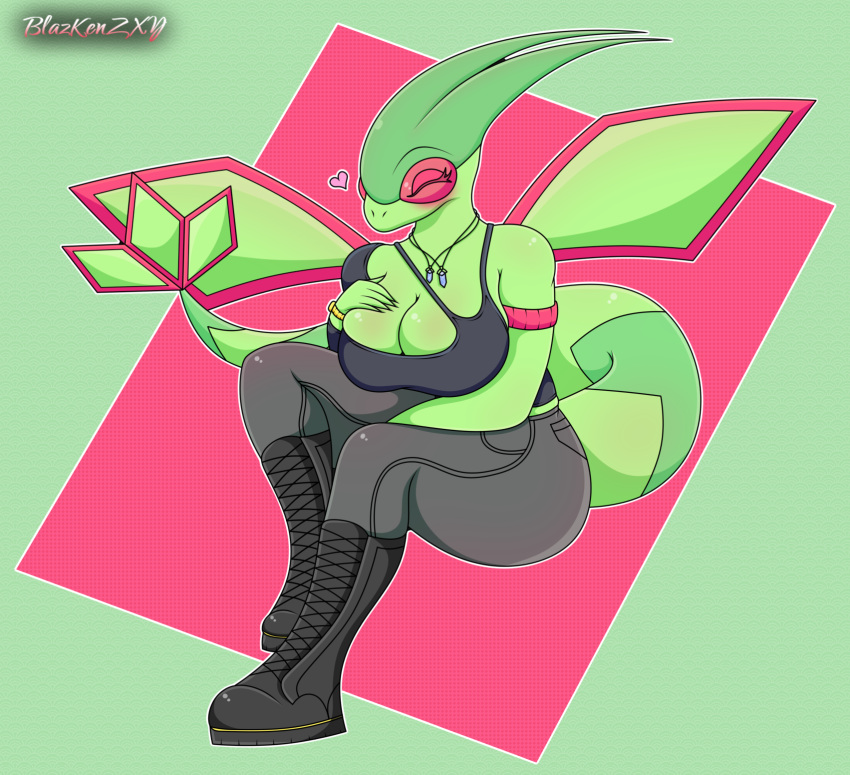 &lt;3 2022 anthro anthrofied big_breasts big_tail blazkenzxy boots breasts cleavage clothed clothing curvy_figure digital_drawing_(artwork) digital_media_(artwork) dragon eyes_closed female flygon footwear green_body hi_res nintendo pok&eacute;mon pok&eacute;mon_(species) pok&eacute;morph signature simple_background solo tight_clothing video_games wings