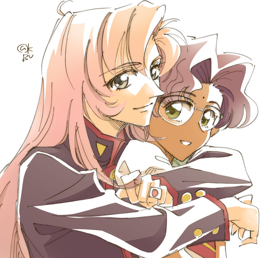 brown_eyes couple glasses green_eyes hair_intakes highres himemiya_anthy hug hug_from_behind jewelry kobeya_(tonari_no_kobeya) lips long_hair long_sleeves looking_at_viewer ootori_gakuen_school_uniform pink_hair purple_hair ring school_uniform shoujo_kakumei_utena smile tenjou_utena upper_body white_background yuri