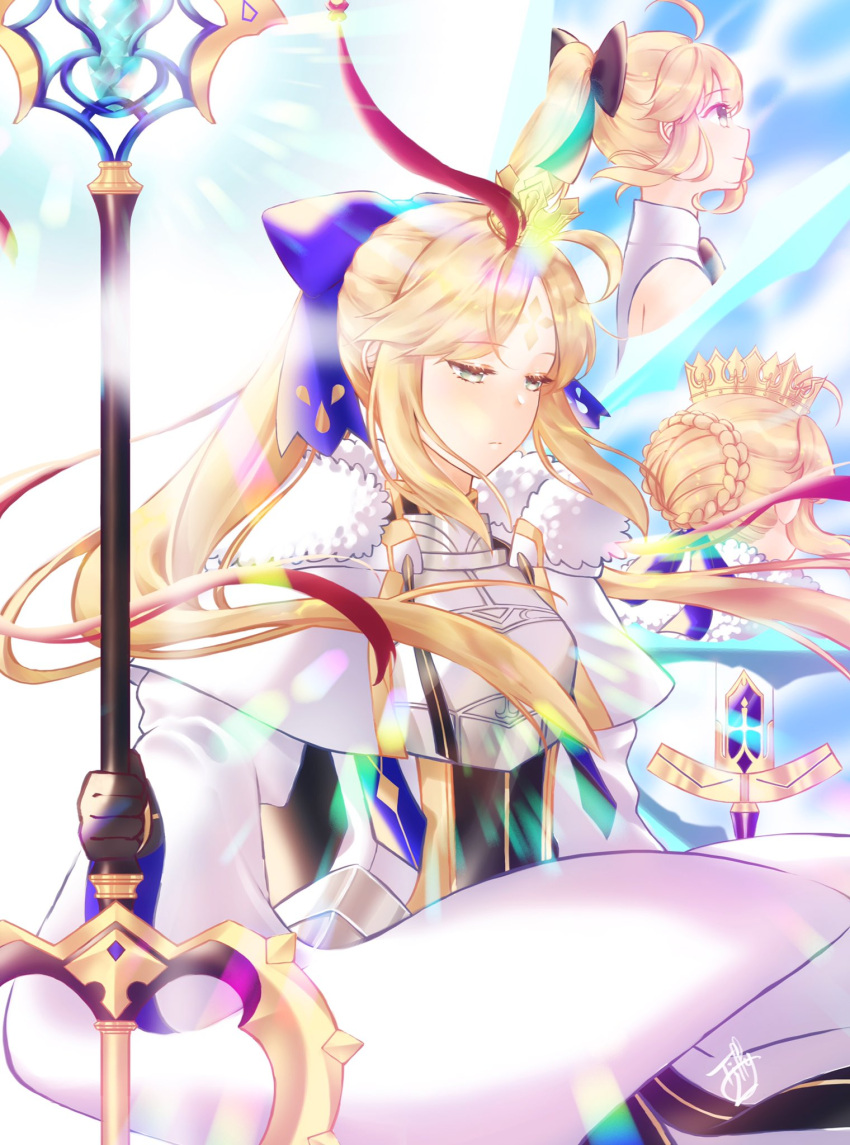 ahoge armor armored_dress artoria_caster_(fate) artoria_caster_(third_ascension)_(fate) artoria_pendragon_(fate) blonde_hair excalibur_(fate/stay_night) fate/grand_order fate_(series) gauntlets green_eyes highres ponytail saber saber_lily sword weapon